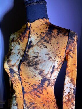 Edgy Gold & Amber Abstract Sheer Mesh Bodycon Dress | Mock Neck Long Sleeve Maxi